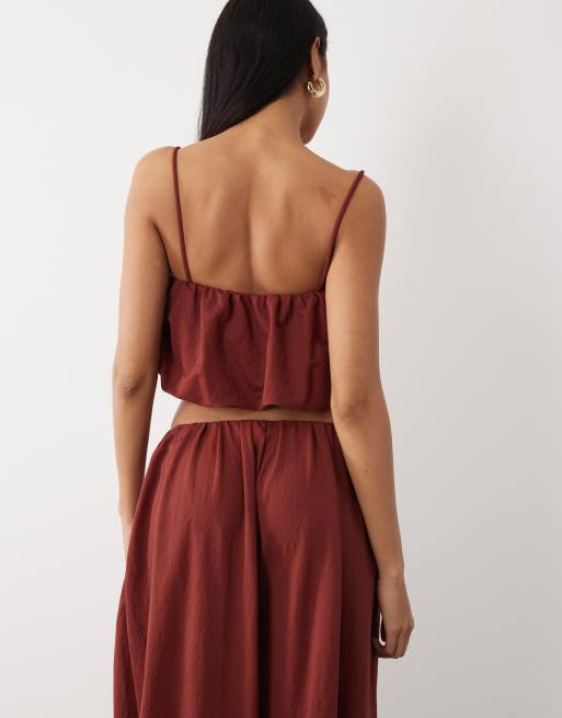 ASOS DESIGN linen look bubble cropped cami top in rust red (part of a set), 3 of 4