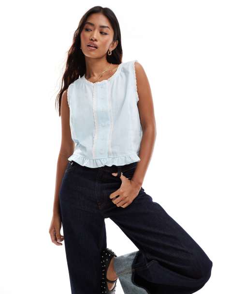ASOS DESIGN linen look button through singlet in blue - view 1
