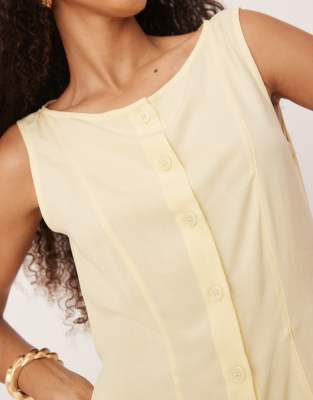 Asos Design Linen Look Button Up Mini Dress In Yellow
