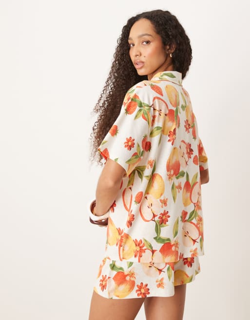 ASOS DESIGN linen look camp collar shirt in fruit print - part of a set