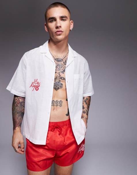 ASOS DESIGN linen look camp collar shirt with red chest embroidery - part of a set - view 1