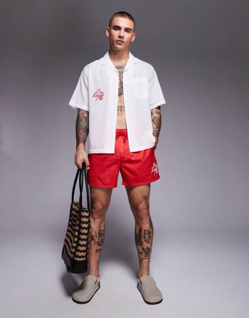 ASOS DESIGN linen look camp collar shirt with red chest embroidery - part of a set