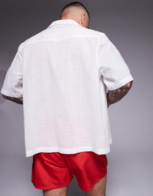 ASOS DESIGN linen look camp collar shirt with red chest embroidery - part of a set