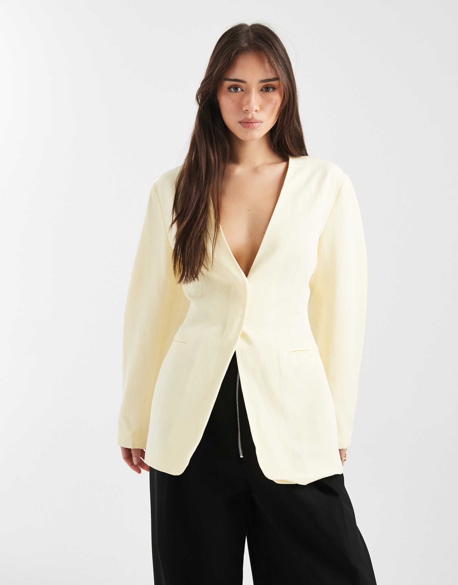 asos design linen look cinch waist collarless blazer in natural