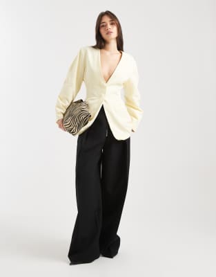 Asos Design Linen Look Cinch Waist Collarless Blazer In Yellow