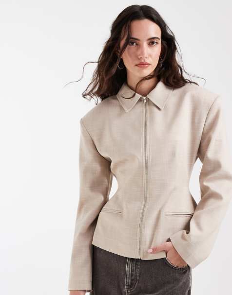 ASOS DESIGN linen look cinch waist zip through jacket in stone - view 1