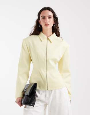 Asos Design Linen Look Cinch Waist Zip Up Jacket In Yellow