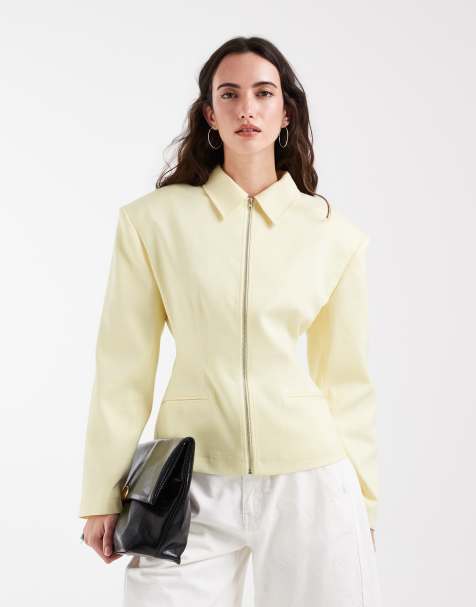 ASOS DESIGN linen look cinch waist zip up jacket in stone - view 1
