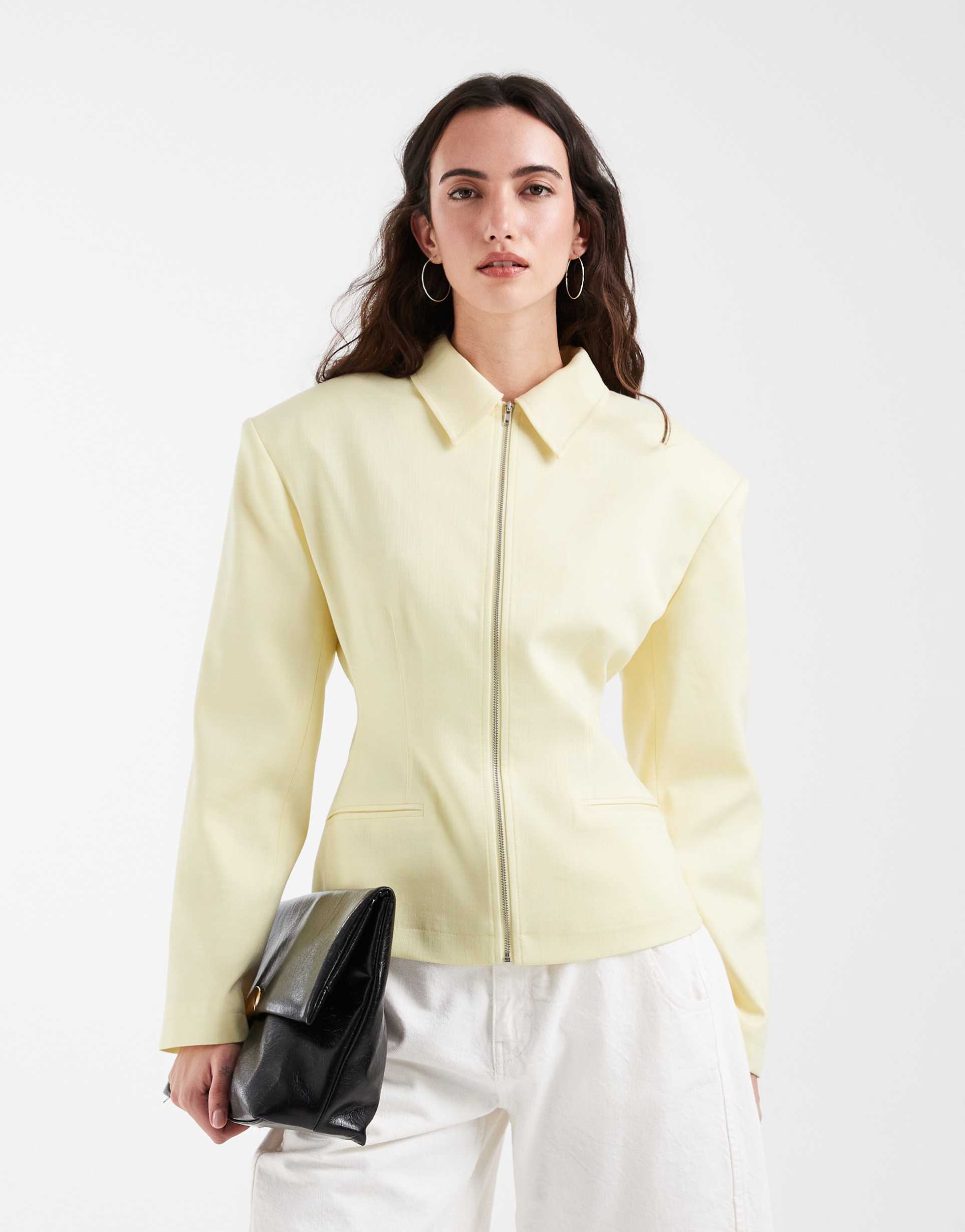 asos design linen look cinch waist zip up jacket in stone