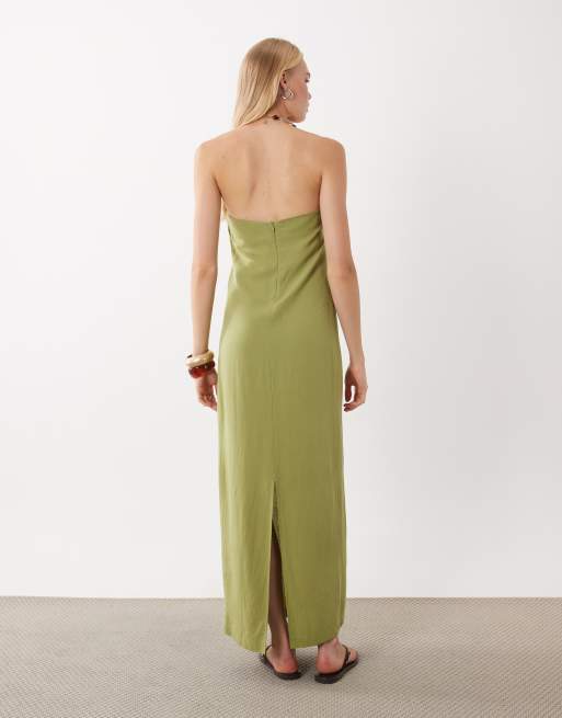ASOS DESIGN linen look clean column maxi dress in olive green, 4 of 4