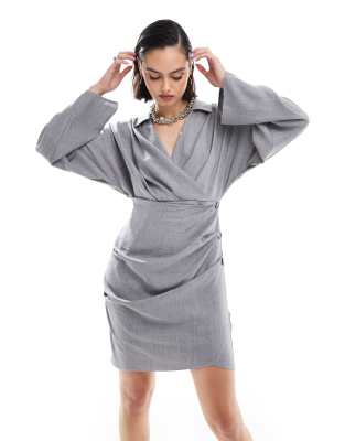 ASOS DESIGN linen look collar wrap long sleeve mini dress with button detail skirt in grey-Multi