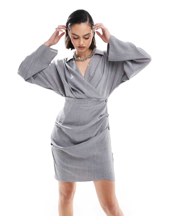 ASOS DESIGN - linen look collar wrap long sleeve mini dress with button detail skirt in grey