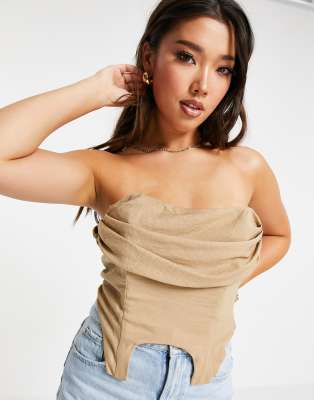 Asos Design Linen Look Corset Top With Draped Bust Detail In Camel