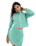 [ASOS DESIGN] ASOS DESIGN linen look crop shirt in green gingham (part of a set) 16 Green gingham