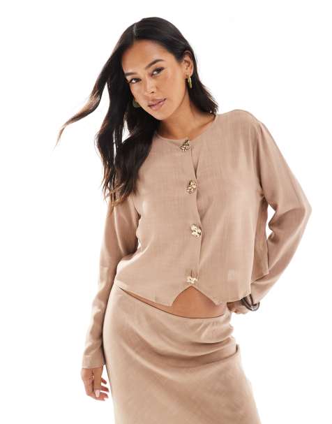 ASOS DESIGN linen look cropped co-ord button front top in stone - view 1