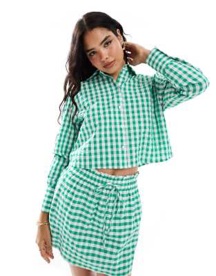 Asos Design Linen Look Cropped Shirt In Green Gingham - Part Of A Set