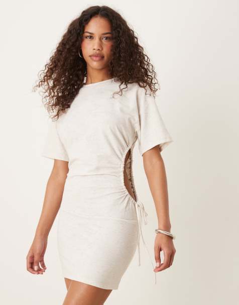 ASOS DESIGN linen look cut out side midi dress in stone - view 1