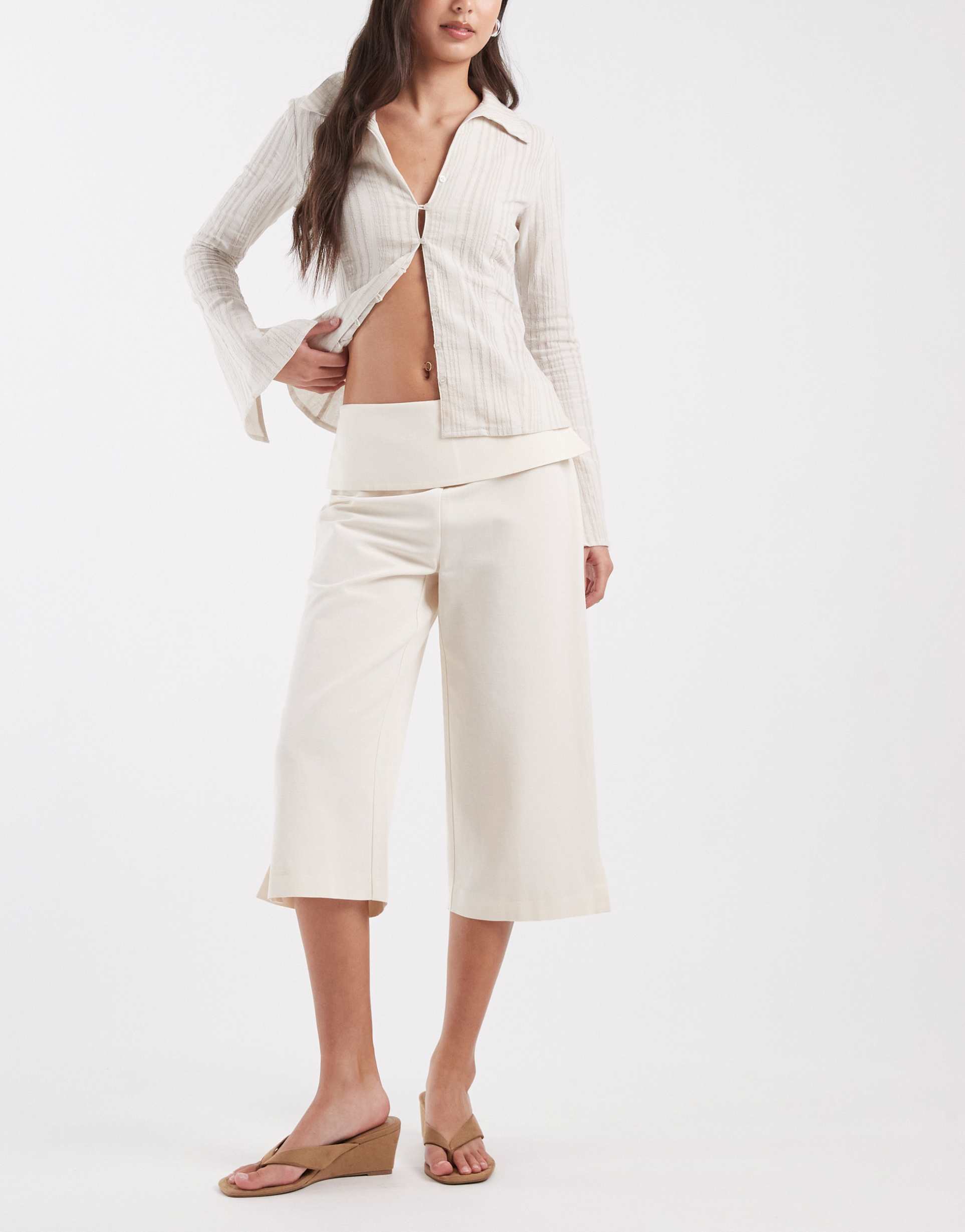 asos design linen look deep waistband tailored capri pants in ecru