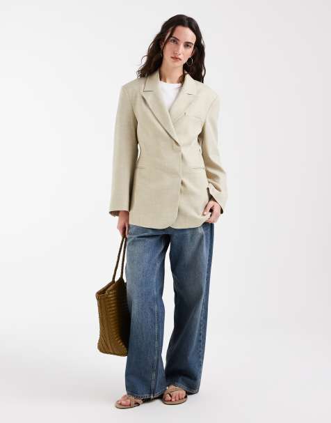 ASOS DESIGN linen look double breasted blazer in khaki - view 1