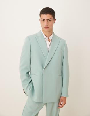 Asos Design Linen-look Double Breasted Regular Suit Jacket In Blue