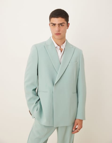 ASOS DESIGN linen look double breasted regular suit jacket in blue twill - view 1