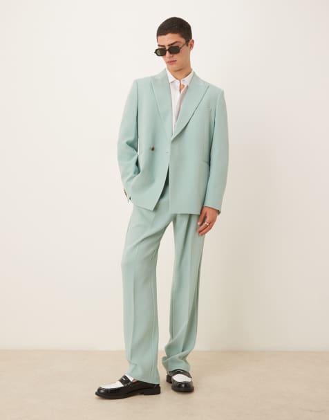ASOS DESIGN linen look double breasted regular suit set in blue twill - view 1