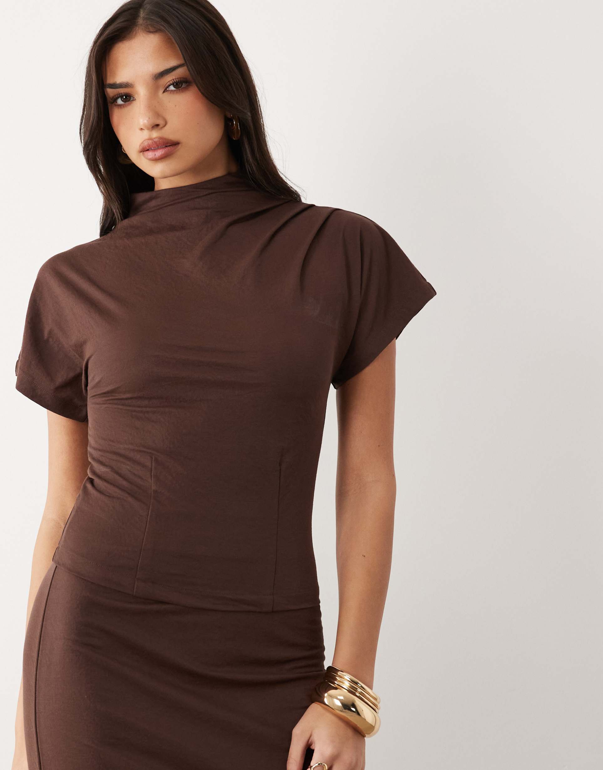 asos design linen look draped high neck top in brown - part of a set