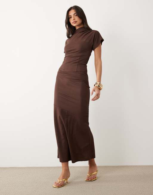 ASOS DESIGN linen look draped high neck top in brown - part of a set, 2 of 4