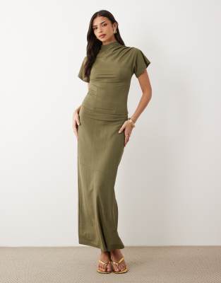 Asos Design Linen Look Draped High Neck Top In Green