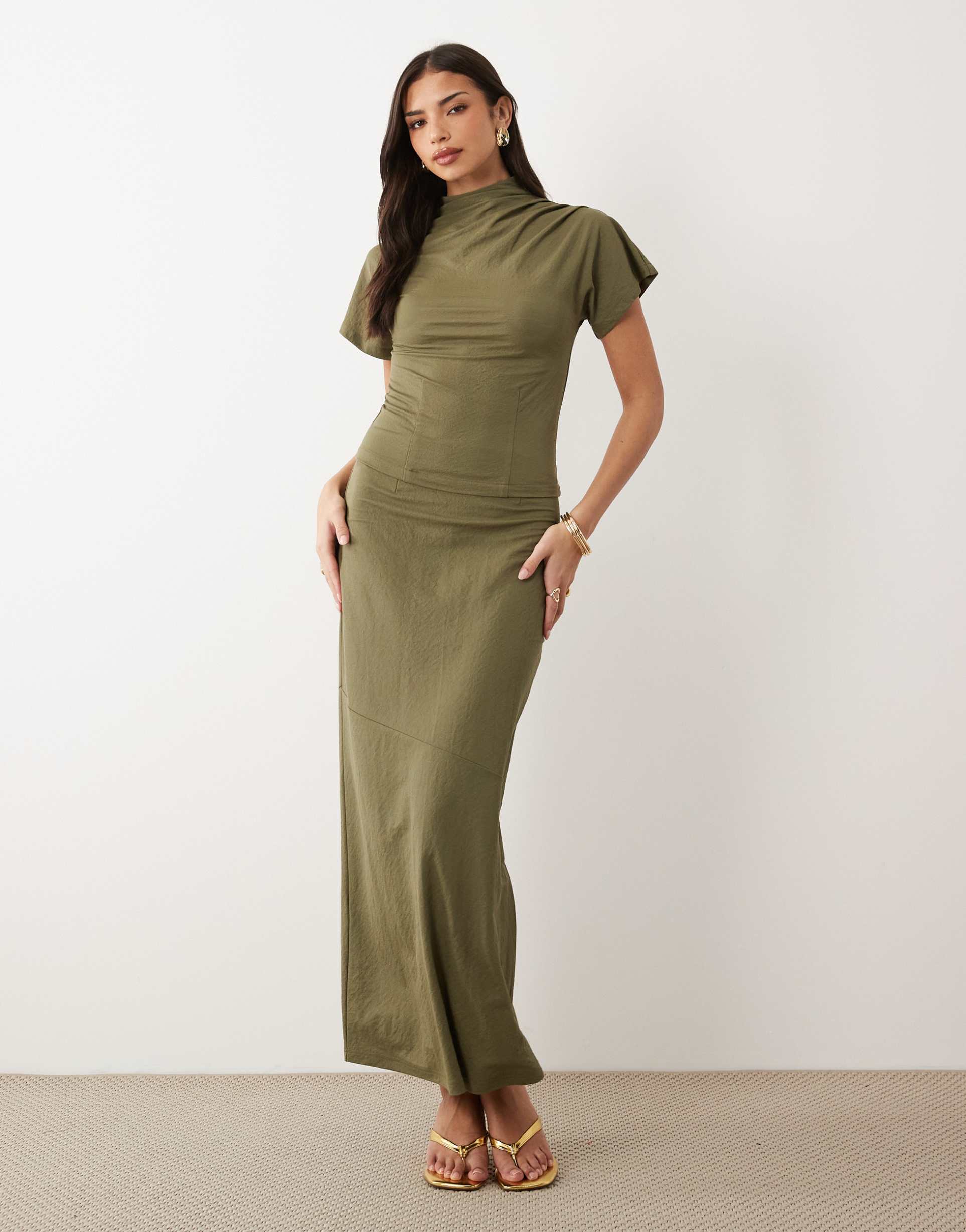 asos design linen look draped high neck top in khaki green - part of a set