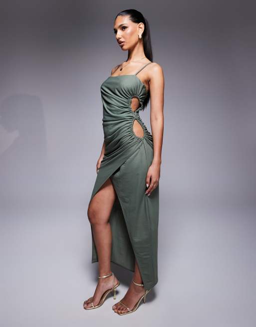 ASOS DESIGN linen look drapey cami midaxi dress with channeled cut out detail in khaki green