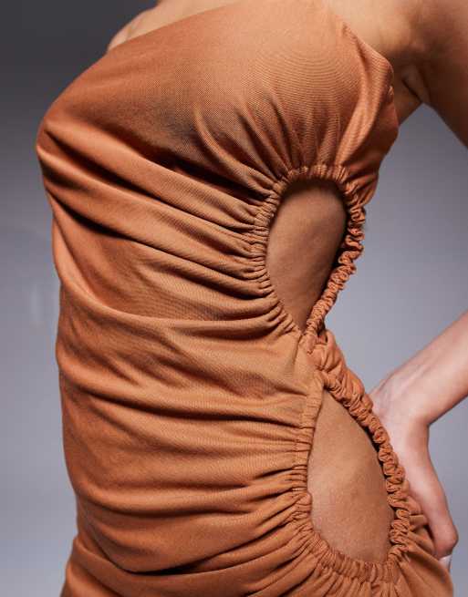 ASOS DESIGN linen look drapey cami midaxi dress with channeled cut out detail in rust, 3 of 4
