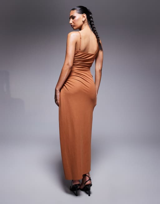 ASOS DESIGN linen look drapey cami midaxi dress with channeled cut out detail in rust, 4 of 4