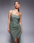[ASOS DESIGN] ASOS DESIGN linen look drapey cami midi dress with channelled cut out detail in khaki-Green 18 Khaki