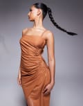 [ASOS DESIGN] ASOS DESIGN linen look drapey cami midi dress with channelled cut out detail in rust-Red 10 Rust