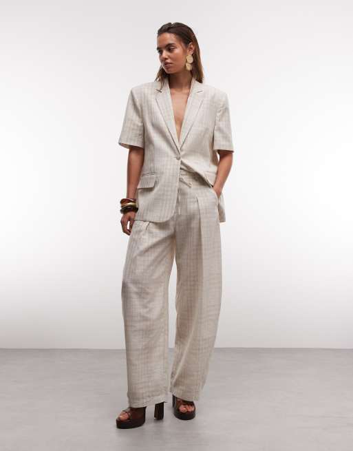 ASOS DESIGN linen look drawstring waist barrel pants in beige (part of a set), 2 of 7