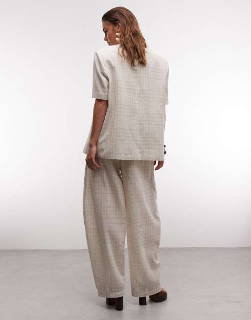 ASOS DESIGN linen look drawstring waist barrel pants in beige (part of a set), 3 of 7