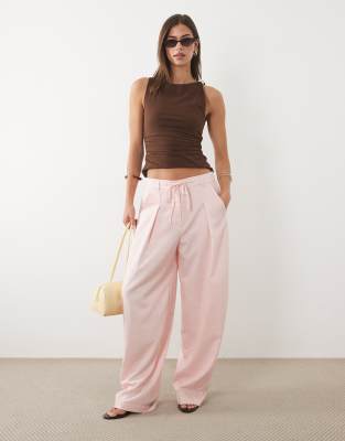 Asos Design Linen Look Drawstring Waist Barrel Pants In Pink