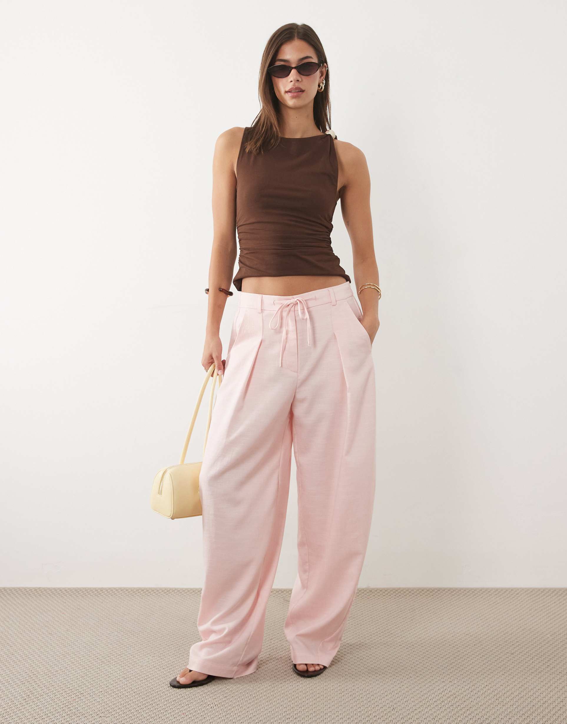 asos design linen look drawstring waist barrel pants in pink - part of a set