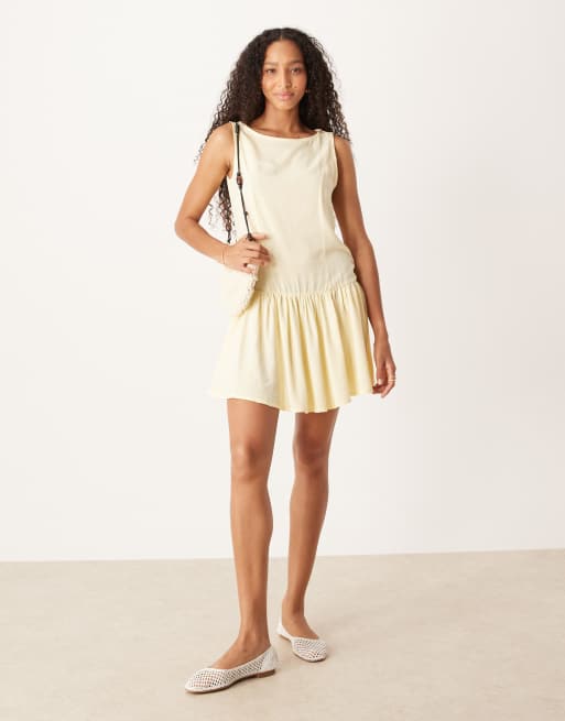 ASOS DESIGN linen look drop waist mini dress in buttermilk, 4 of 4