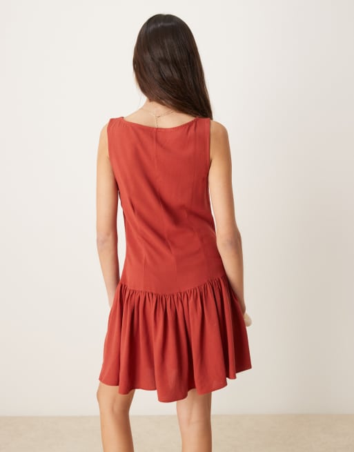 ASOS DESIGN linen look dropped waist mini dress in brick red, 2 of 4