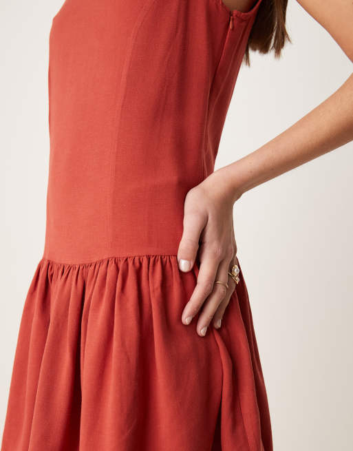 ASOS DESIGN linen look dropped waist mini dress in brick red, 3 of 4