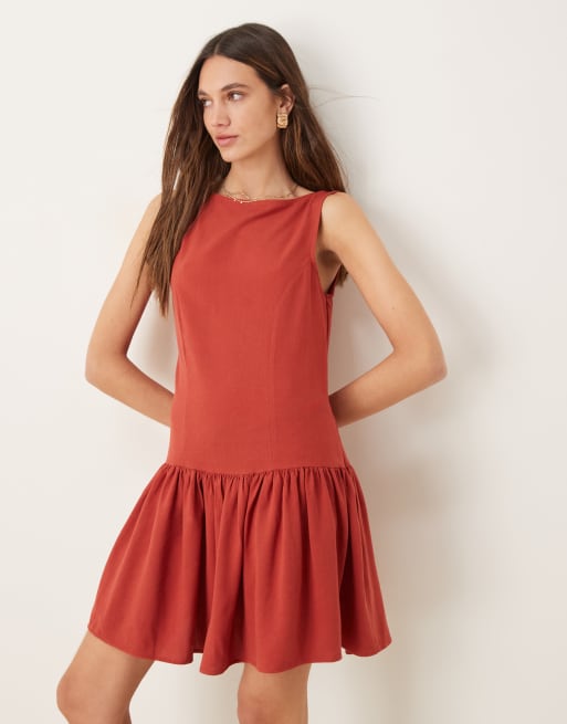 ASOS DESIGN linen look dropped waist mini dress in brick red, 4 of 4