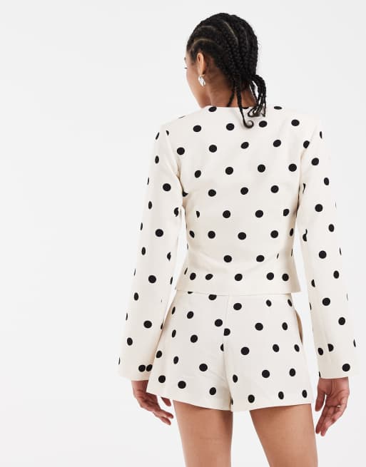 ASOS DESIGN linen look fitted high waist short in cream polka dot, 4 of 5