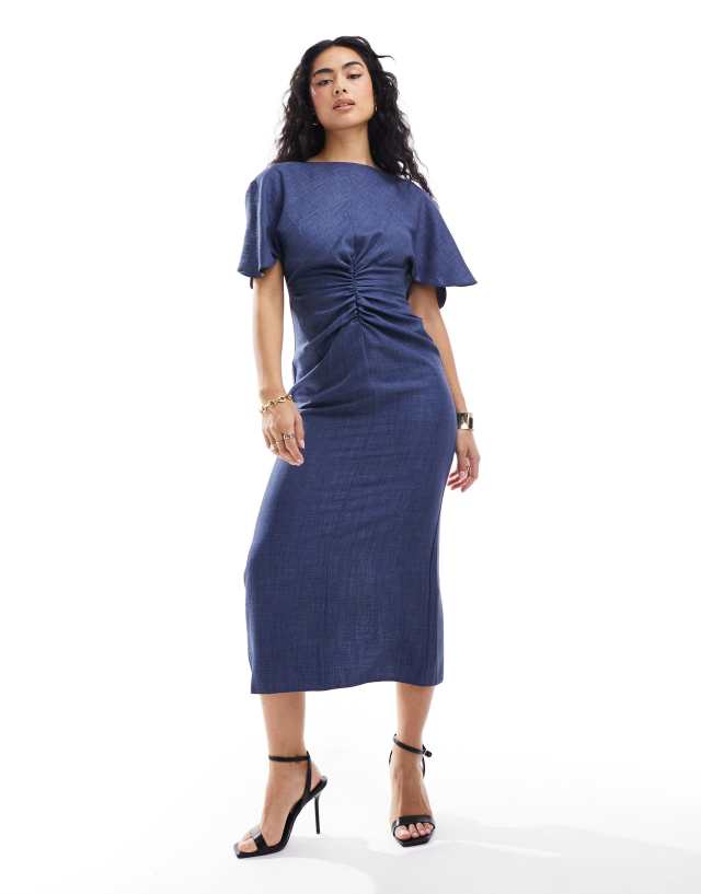 ASOS DESIGN - linen-look flutter sleeve midi dress with ruching detail in navy