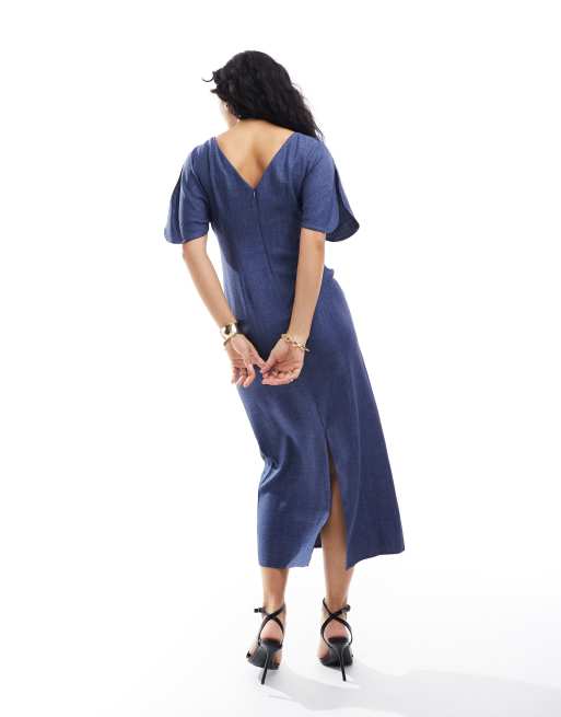 knee length dresses for ladies ASOS DESIGN Multi Flutter Sleeve Ruffle Midaxi Dress With Button Detail In  Blue