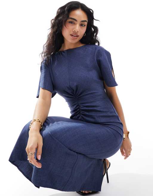 ASOS DESIGN linen-look flutter sleeve midi dress with ruching detail in  navy | ASOS