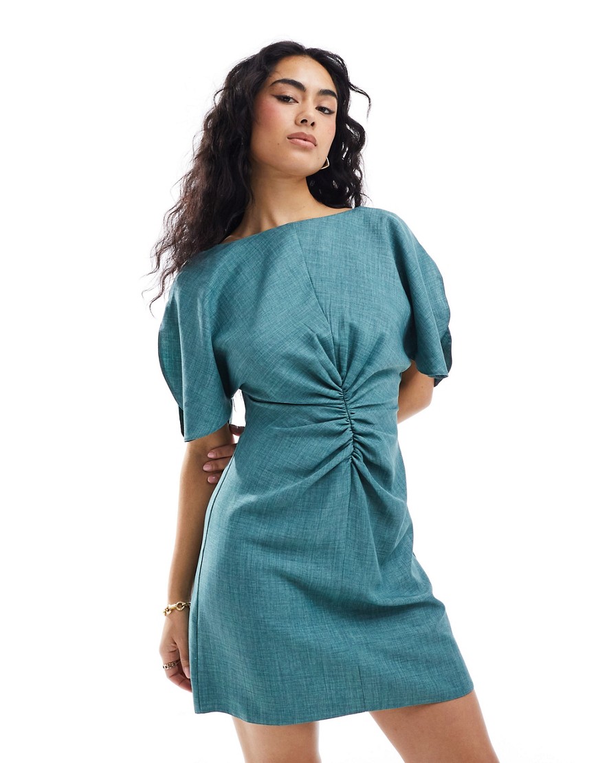 ASOS DESIGN linen-look flutter sleeve mini dress with ruching detail in spearmint-Green