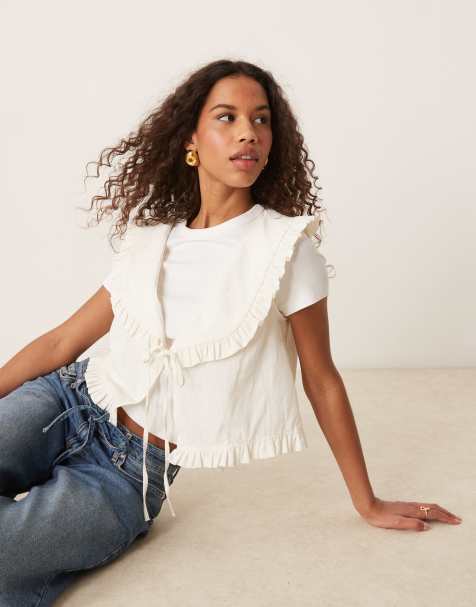 ASOS DESIGN linen look frill collar vest in ivory - view 1