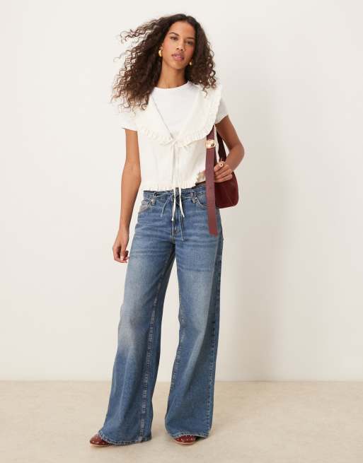 ASOS DESIGN linen look frill collar vest in ivory